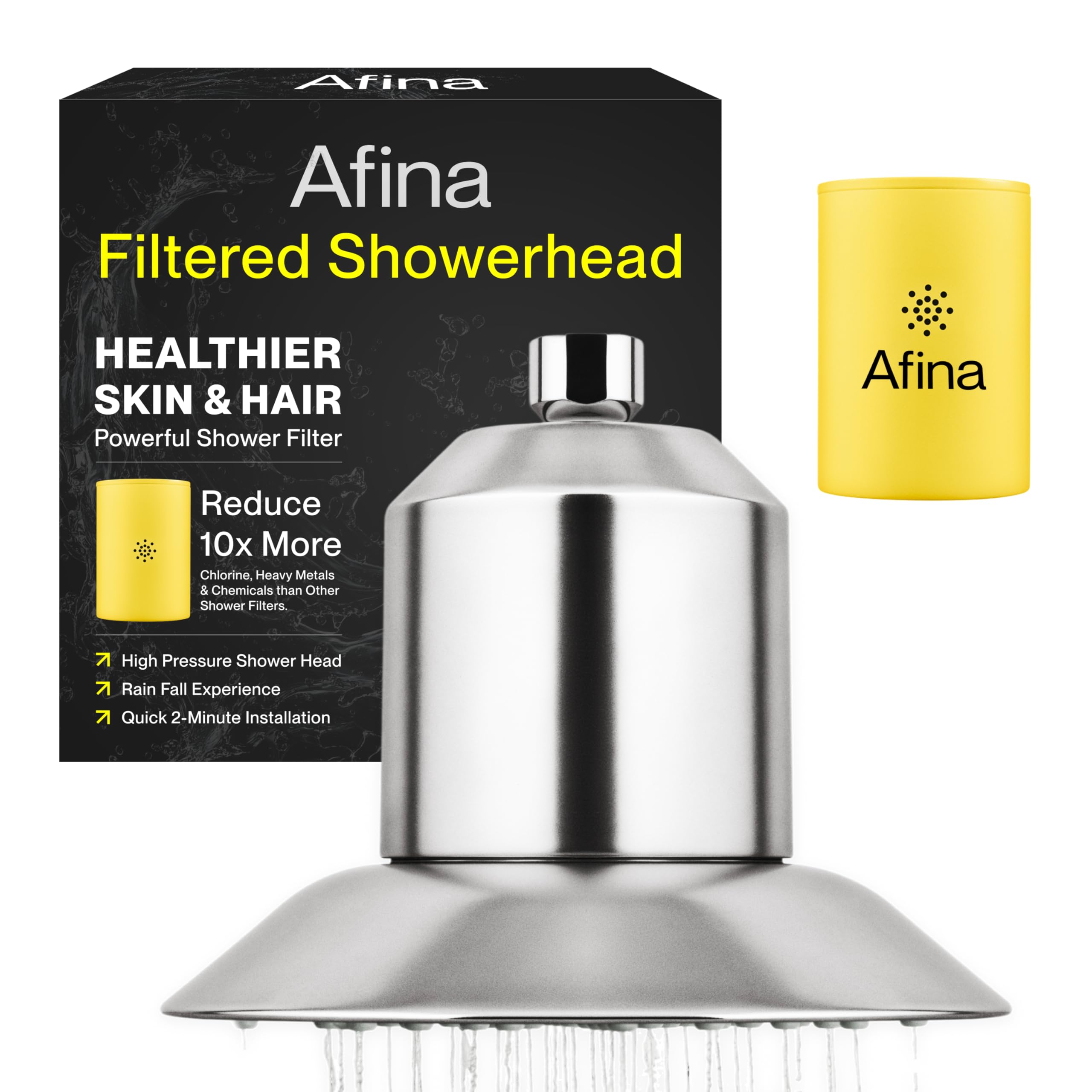 Afina filtered shower head close-up showing KDF-55 filtration for cleaner water.