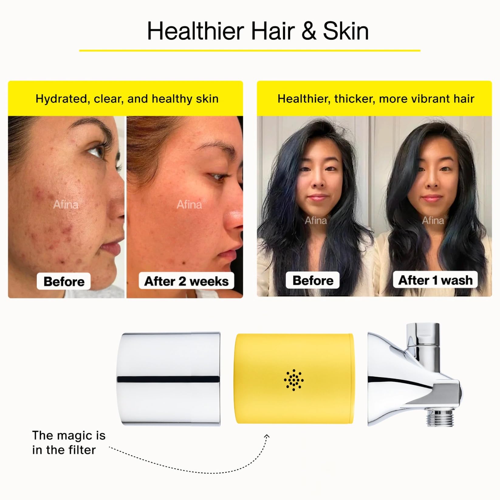 Afina shower filter hair-skin-benefit demonstrating softer hair and calmer skin