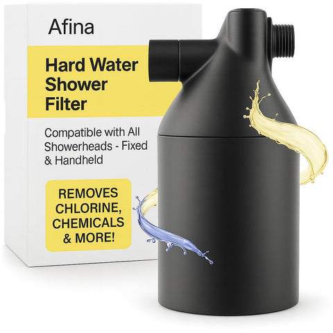Afina shower filter in hard-water setup improves water quality for skin and hair