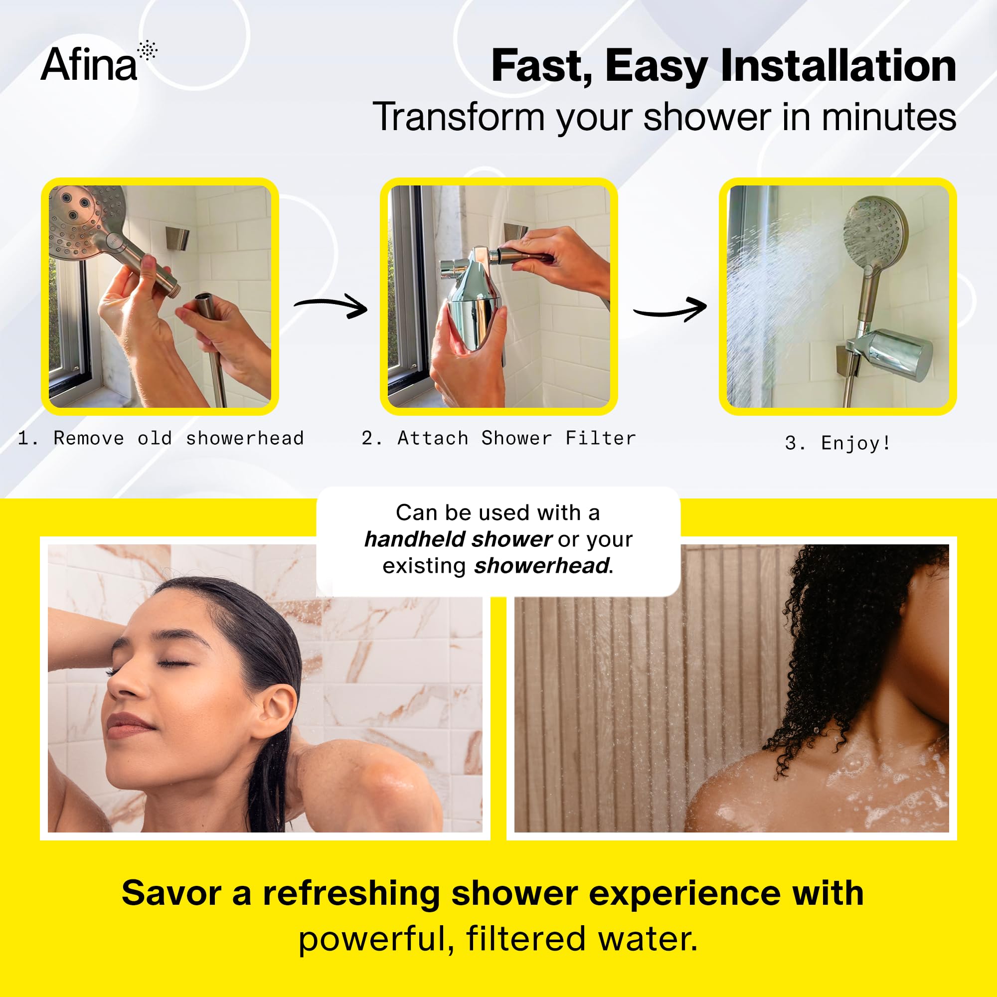Afina high-pressure-flow illustrating stronger shower output with purified water