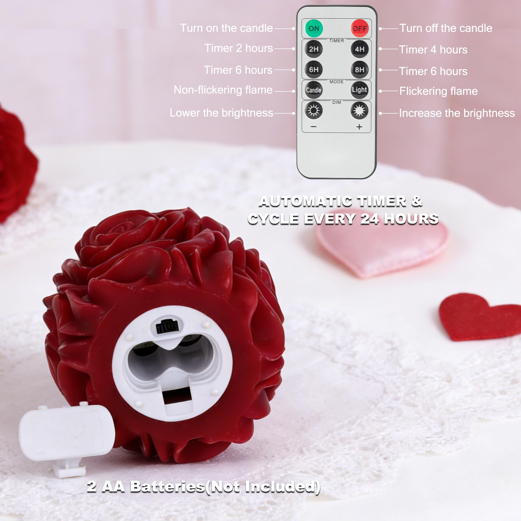 Close-up of AFINETH rose candles producing soft glowing warmth