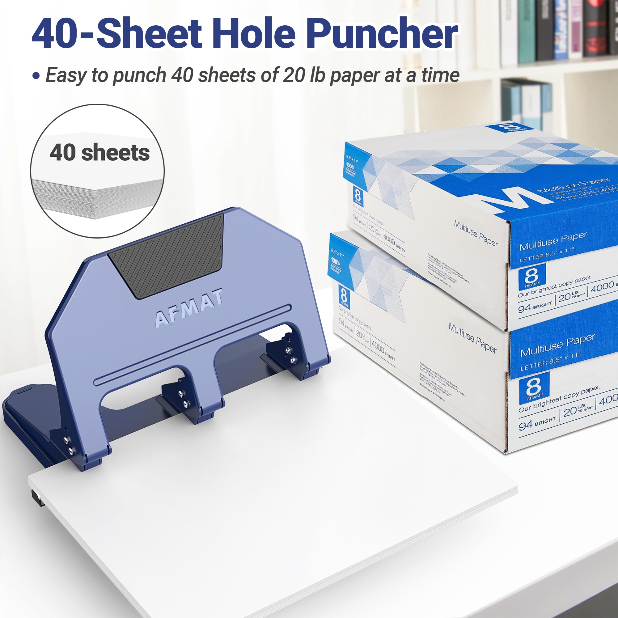 AFMAT 3 Hole Punch with 40-sheet capacity for efficient office tasks.