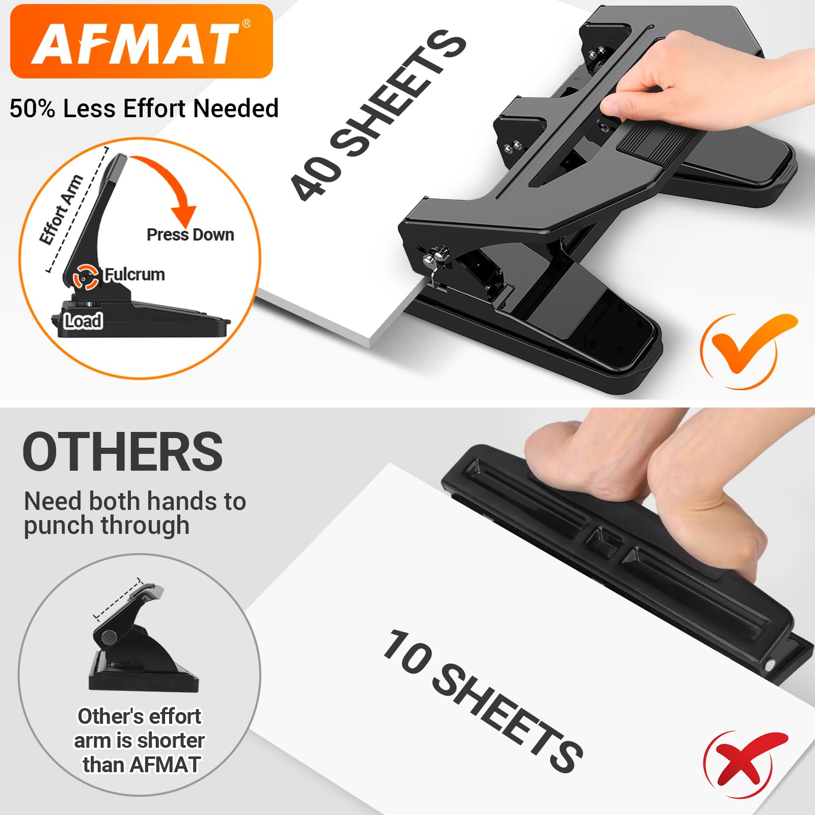 AFMAT 3-hole puncher lever action demonstrates reduced effort for large punching tasks
