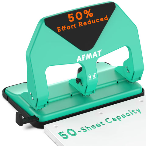 AFMAT HP20 heavy duty 3-hole punch front view with long lever and chip tray.