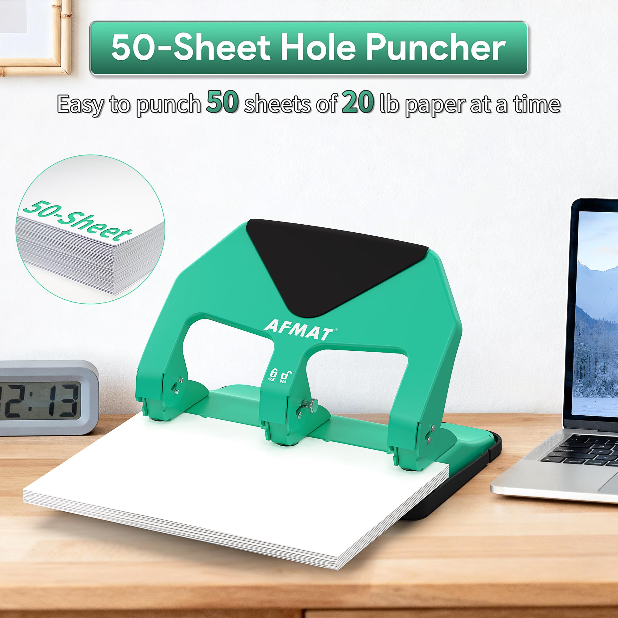 AFMAT HP20 green metal punch punching through 50 sheets of paper.