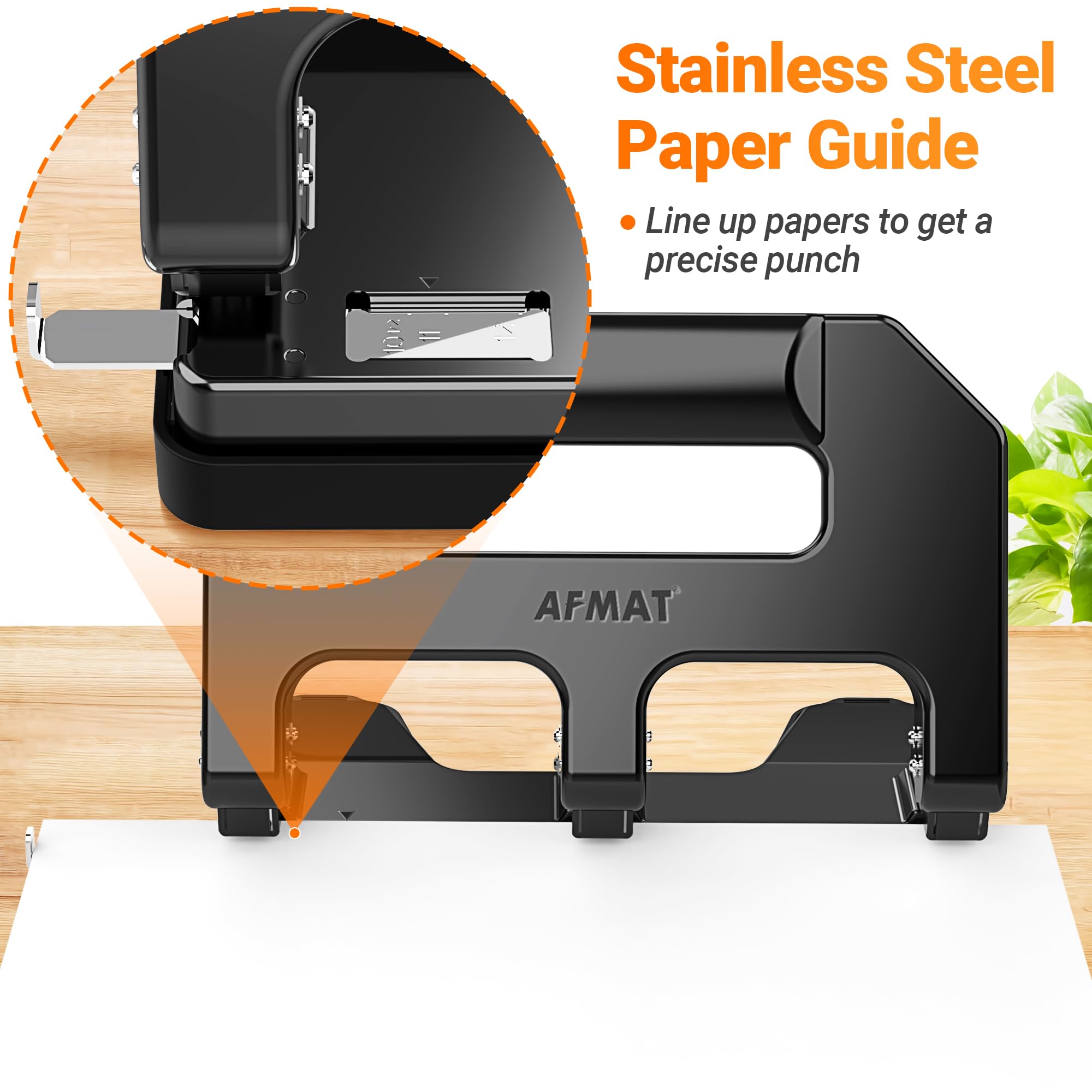 AFMAT HPX1 built-in paper guide keeps hole alignment every time.