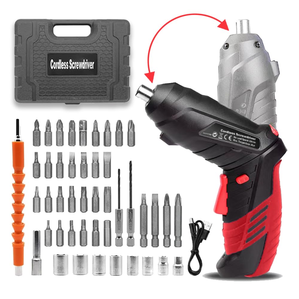 AFNZTME cordless screwdriver with 46pcs bits for quick fastening and drilling tasks.