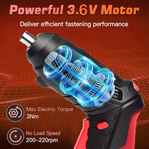 AFNZTME cordless screwdriver with pivoting-handle for comfortable inline or pistol grip use.