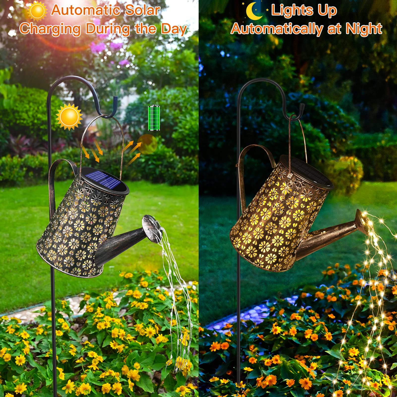 Afootry Solar Watering Can Lights show copper wire detail in garden decor.