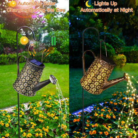 Afootry Solar Watering Can Lights show copper wire detail in garden decor.