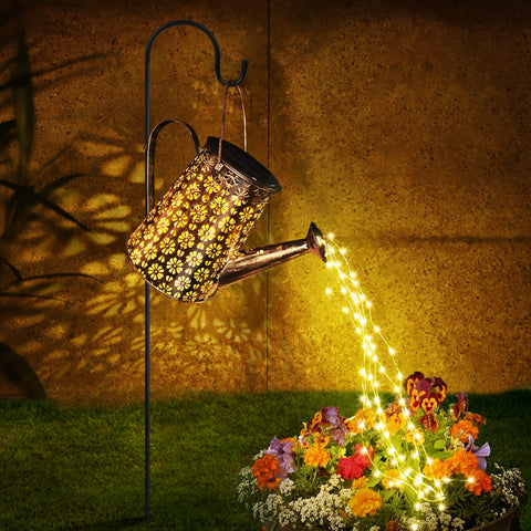 Afootry Solar Watering Can Lights hanging lantern enhances outdoor ambiance.