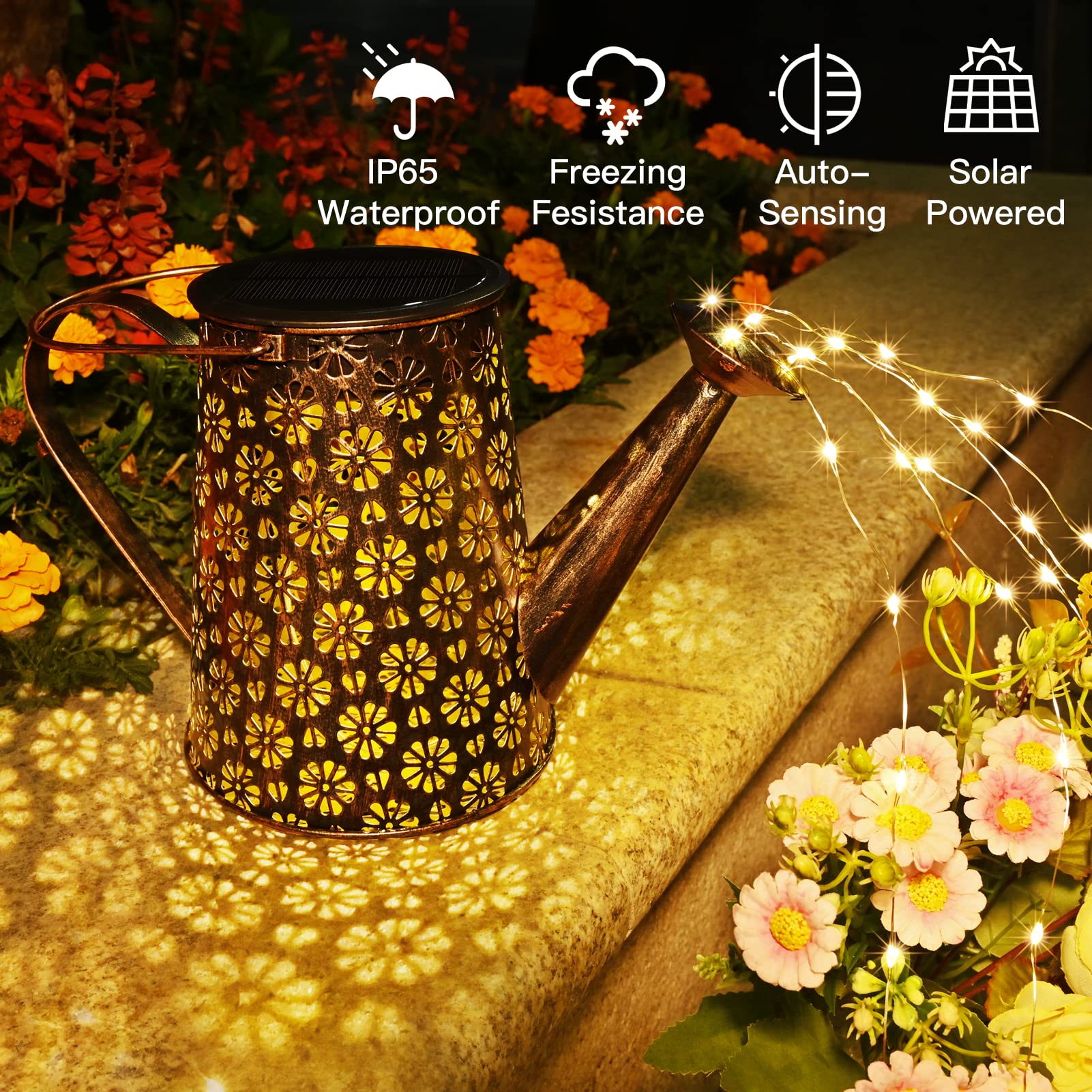 Afootry Solar Watering Can Lights illuminate a patio scene with warm glow.