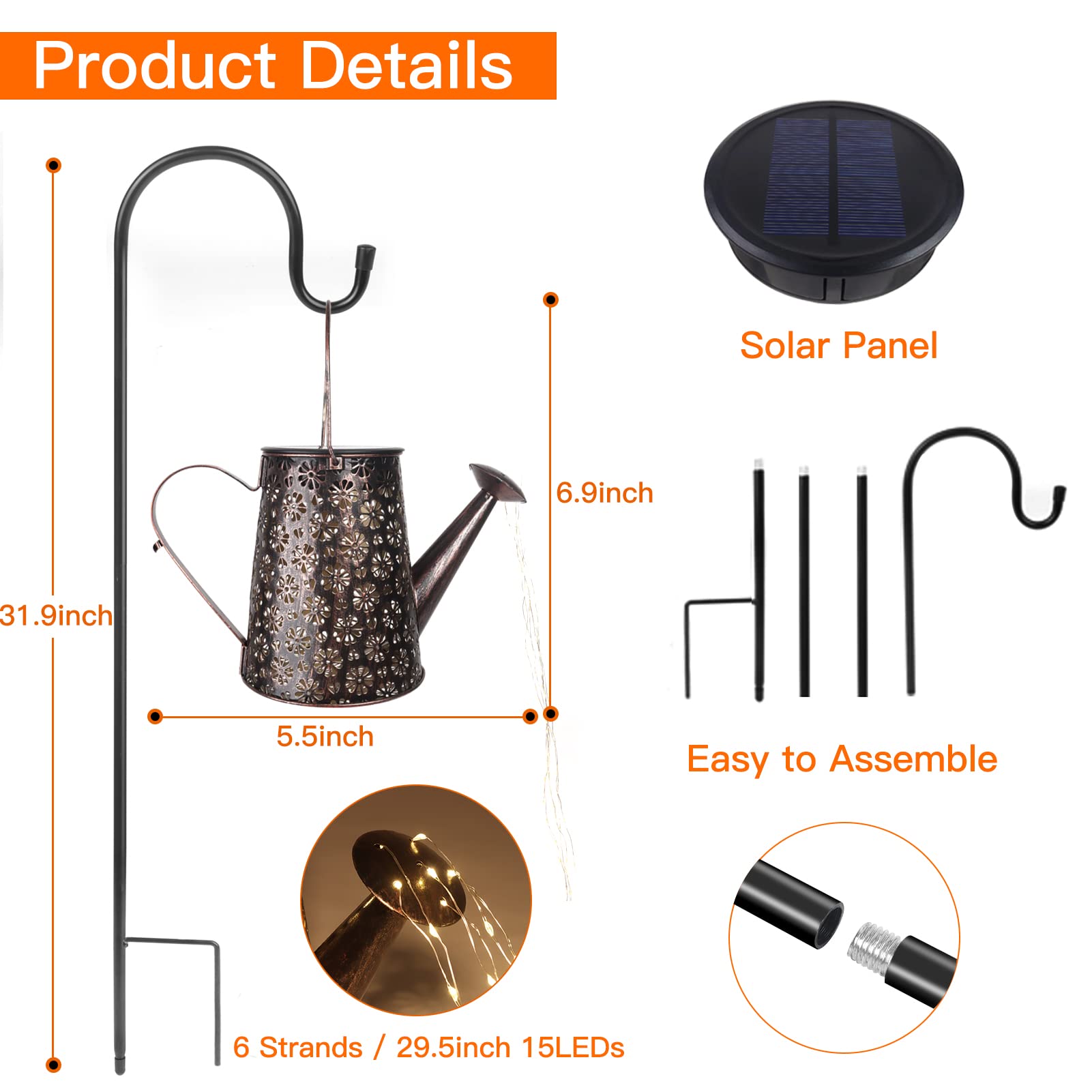 Afootry Solar Watering Can Lights on a shepherd hook for porch display.