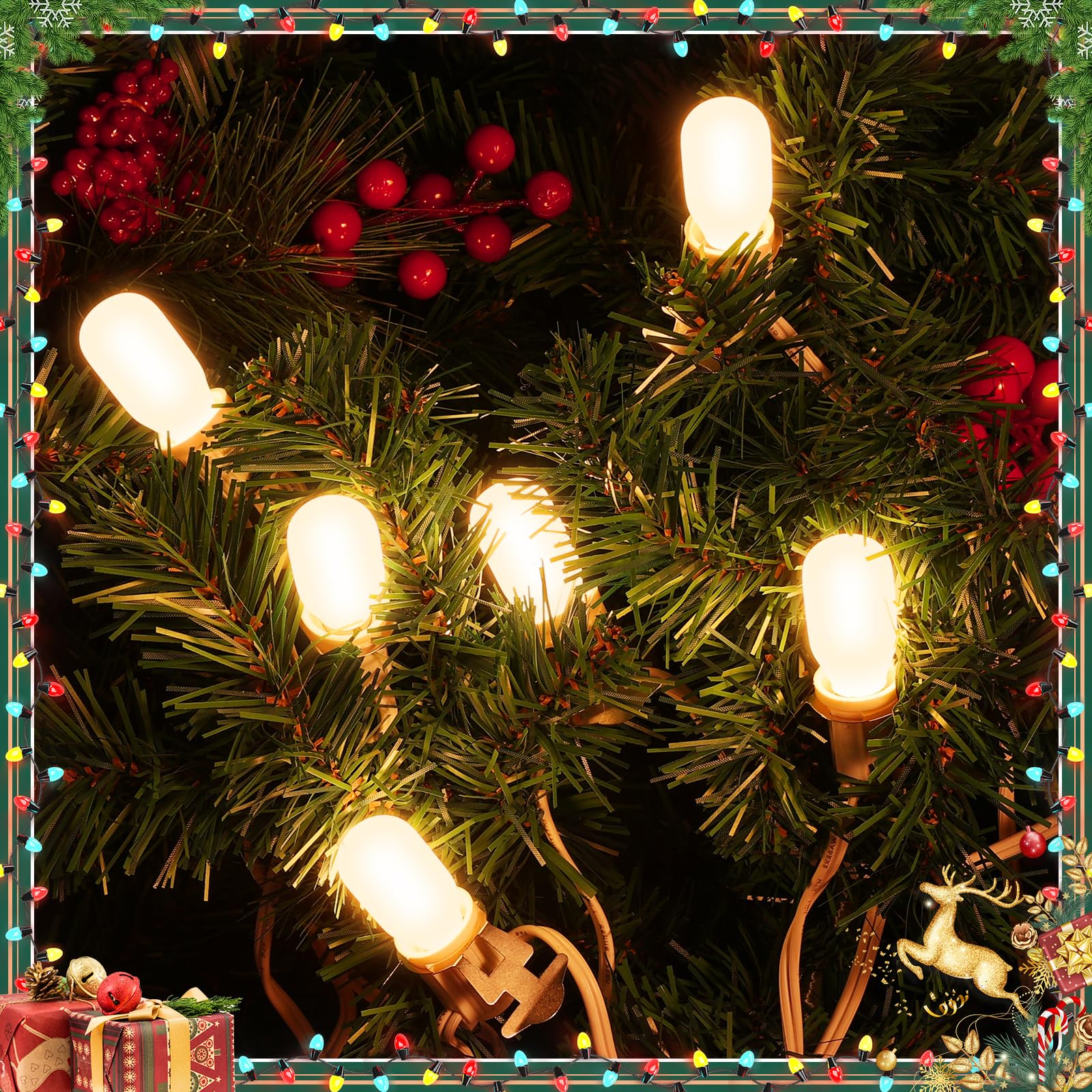 AFOROEOA Warm white bulbs provide cozy illumination for trees and wreaths.