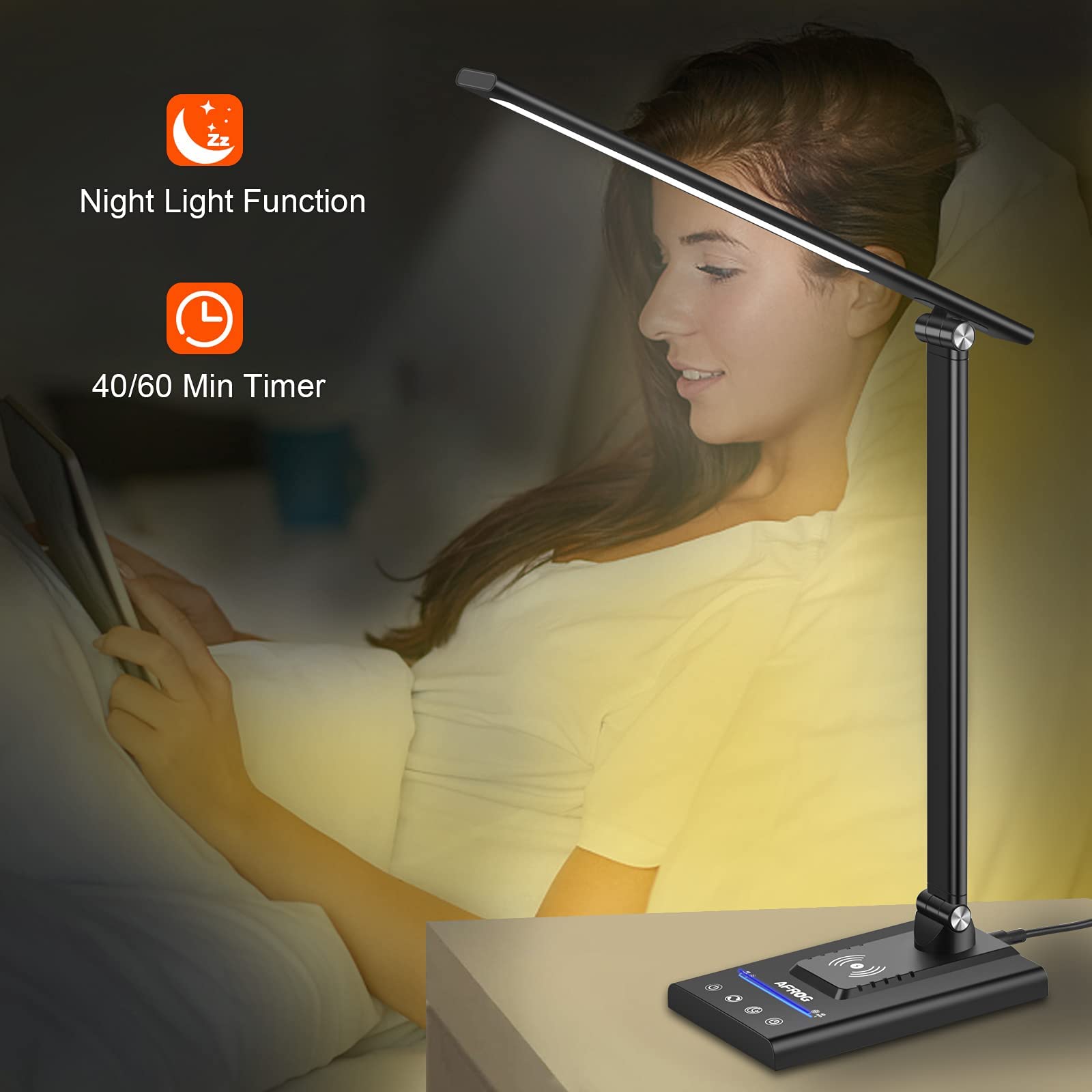 AFROG desk lamp includes USB charging port for devices at hand.