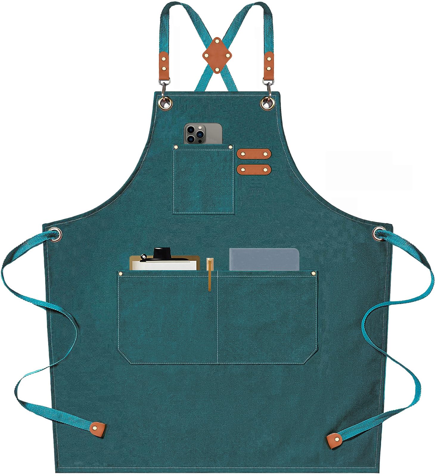 AFUN Chef Apron cross-back dark green front view with oversized pockets for easy access.