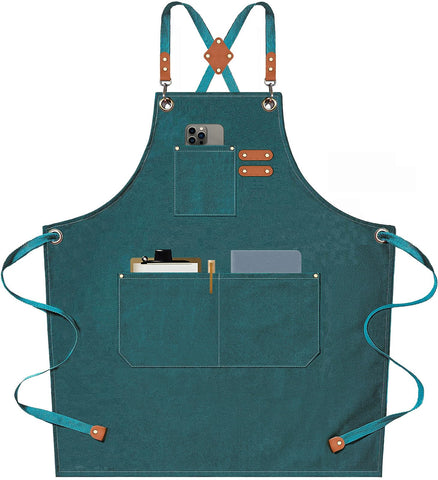 AFUN Chef Apron cross-back dark green front view with oversized pockets for easy access.