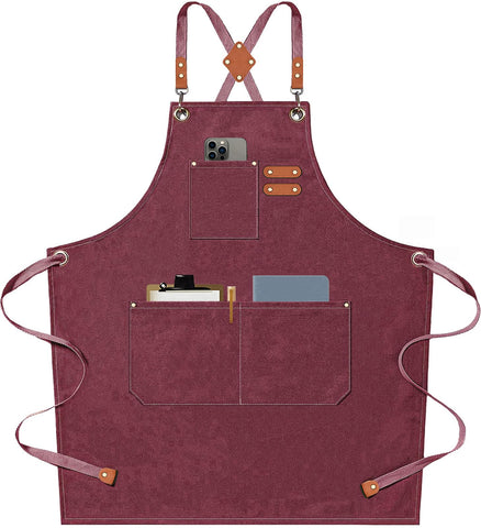 AFUN chef apron full view in dark red showing generous chest to knee coverage