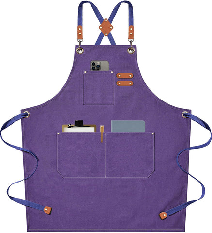 AFUN chef apron with purple cross-back strap for comfortable cooking