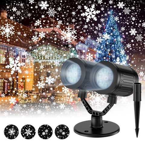afzdby Christmas Snowflake Projector outdoors projecting four distinct snowflakes for festive facade decor