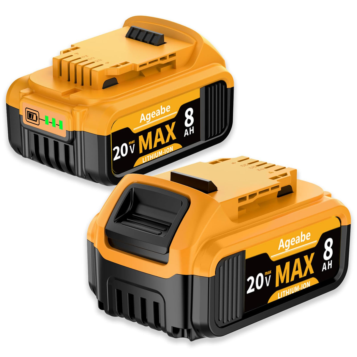 Ageabe 20V Max 8000mAh battery side view, extended runtime.