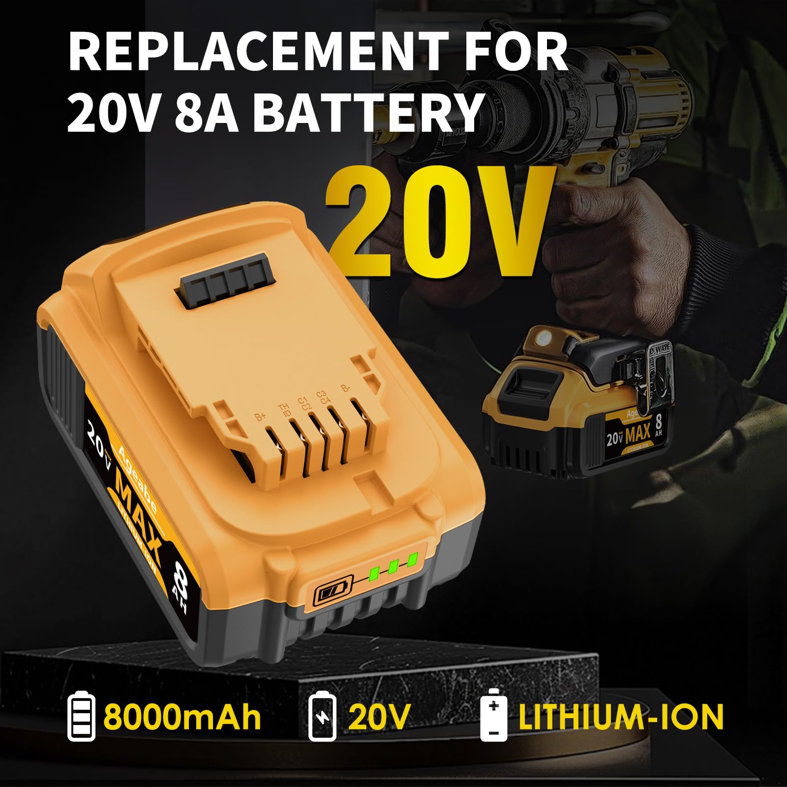 Ageabe battery in use with DCD799B drill on site.