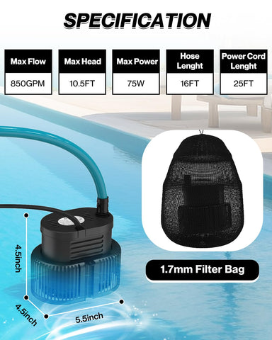 AgiiMan pool cover pump with 25ft power cord for safe outlet reach.