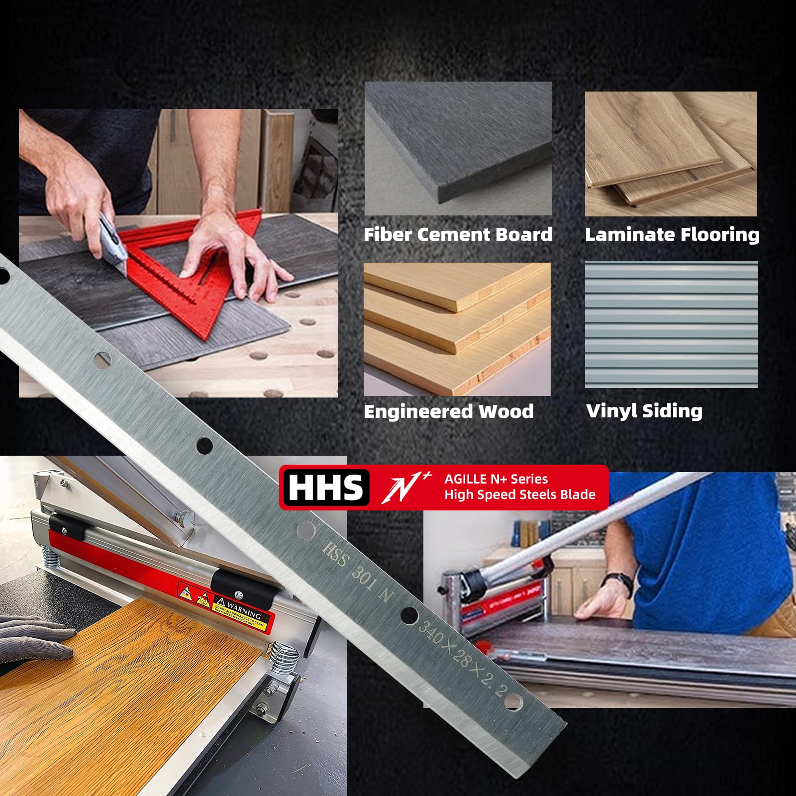 AGILLE blade cutting multiple materials including fiber cement and engineered wood.