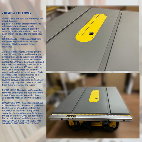 AGILLE zero clearance insert for DeWalt 745 with riving knife slot minimizes tear-out.