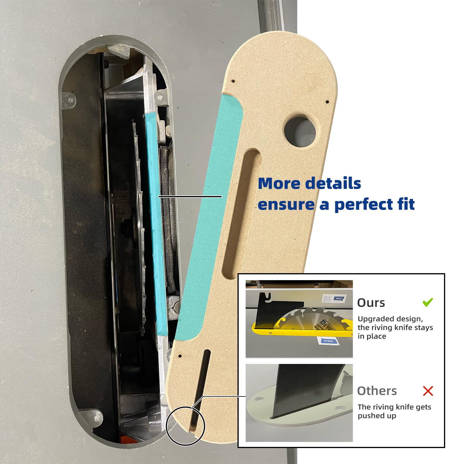 AGILLE zero clearance insert for DeWalt 7491RS with riving knife slot enhances dust control.
