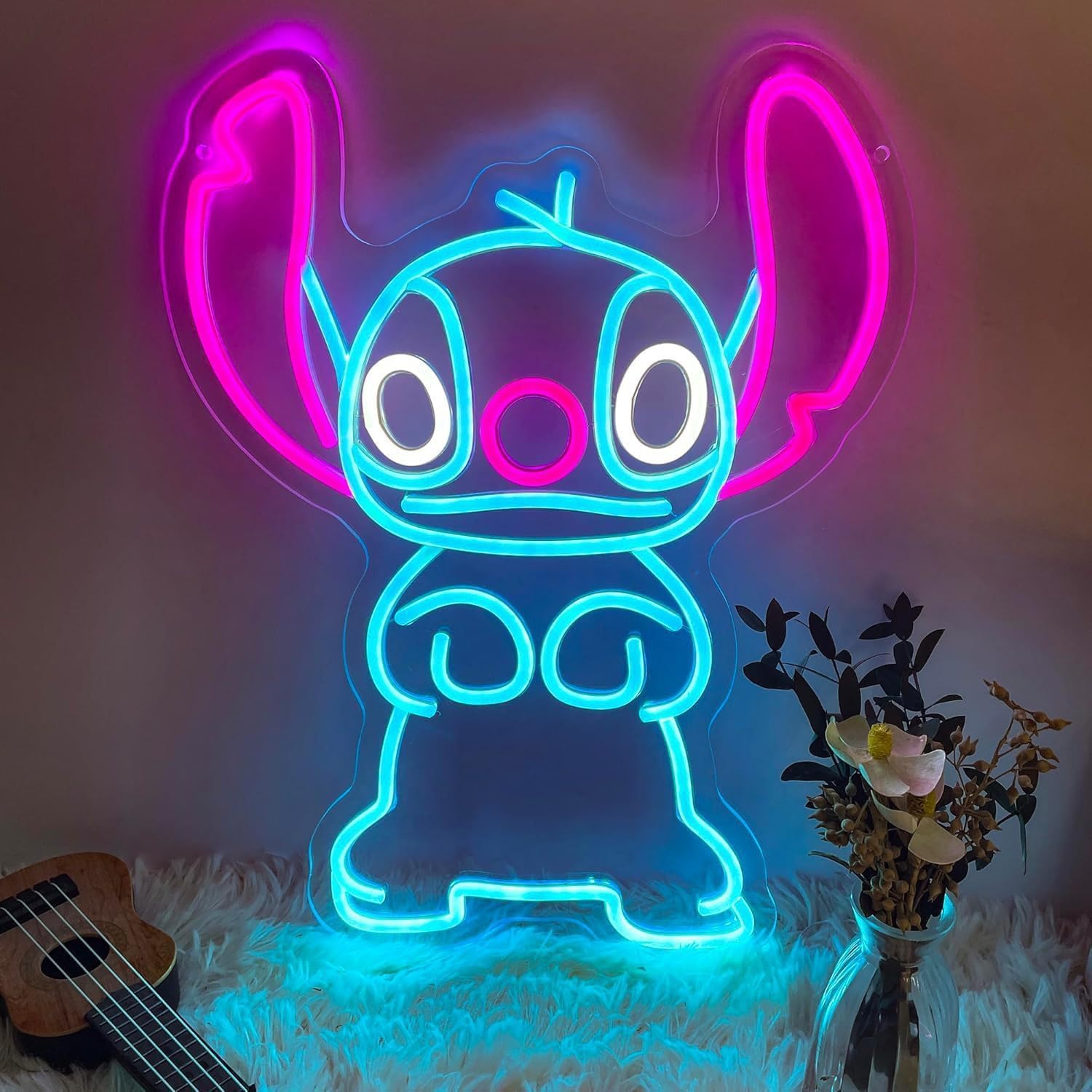 AGOODTO Stitch LED neon wall light with pink accents for cozy bedroom ambiance