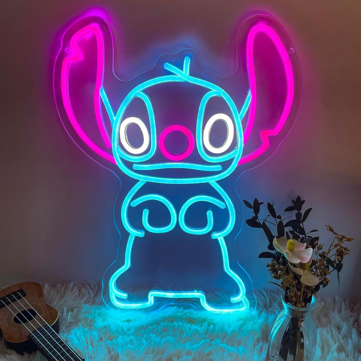 AGOODTO Stitch LED neon wall light with pink accents for cozy bedroom ambiance