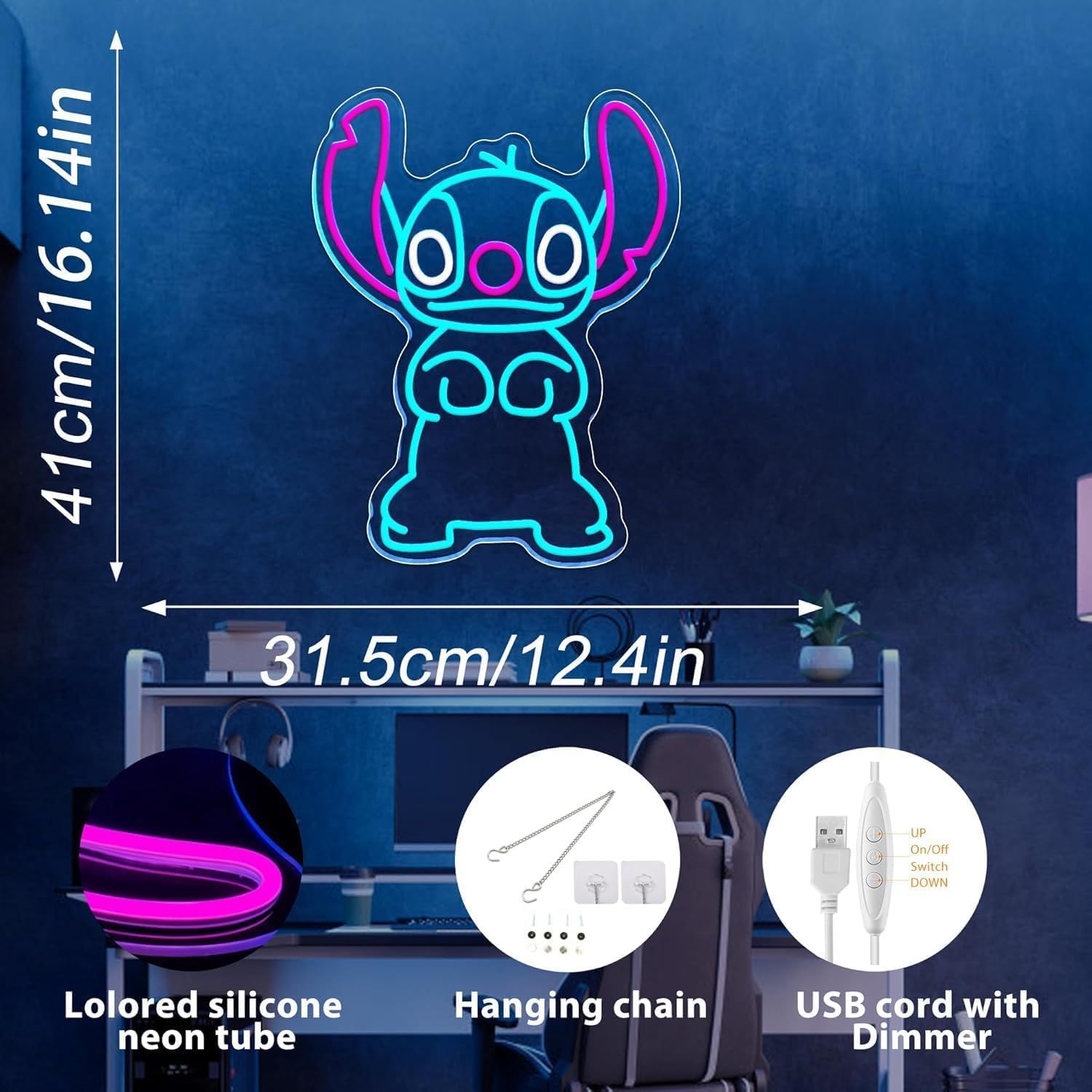 AGOODTO Stitch neon sign pink accents enhances playful space decor and mood lighting