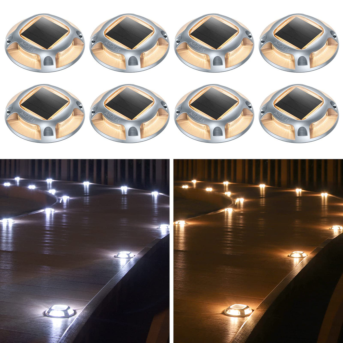 AGPTEK solar driveway light 8-pack on patio providing bright, safe night path guidance.