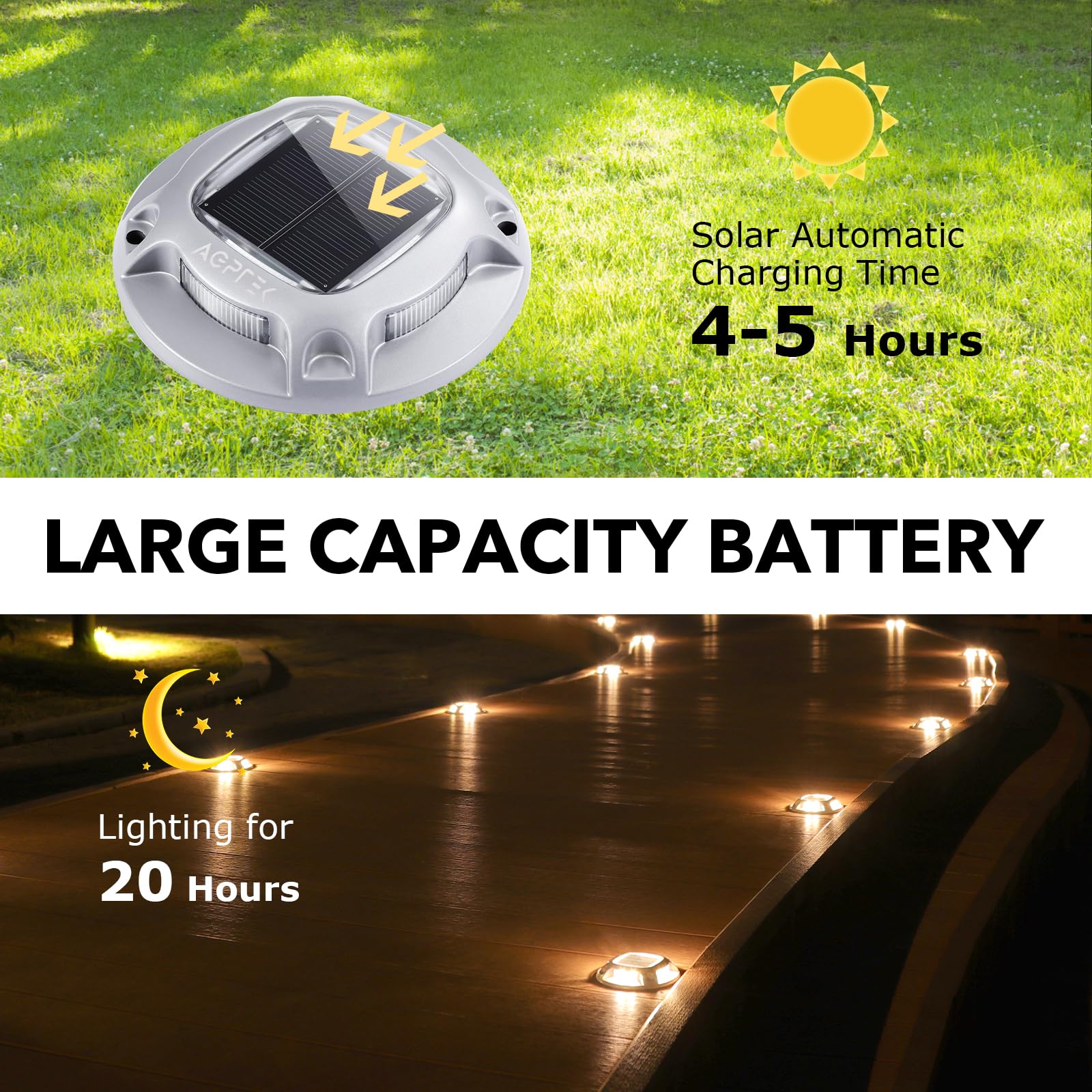 AGPTEK solar driveway light aluminum shell resists rust and heavy foot traffic.