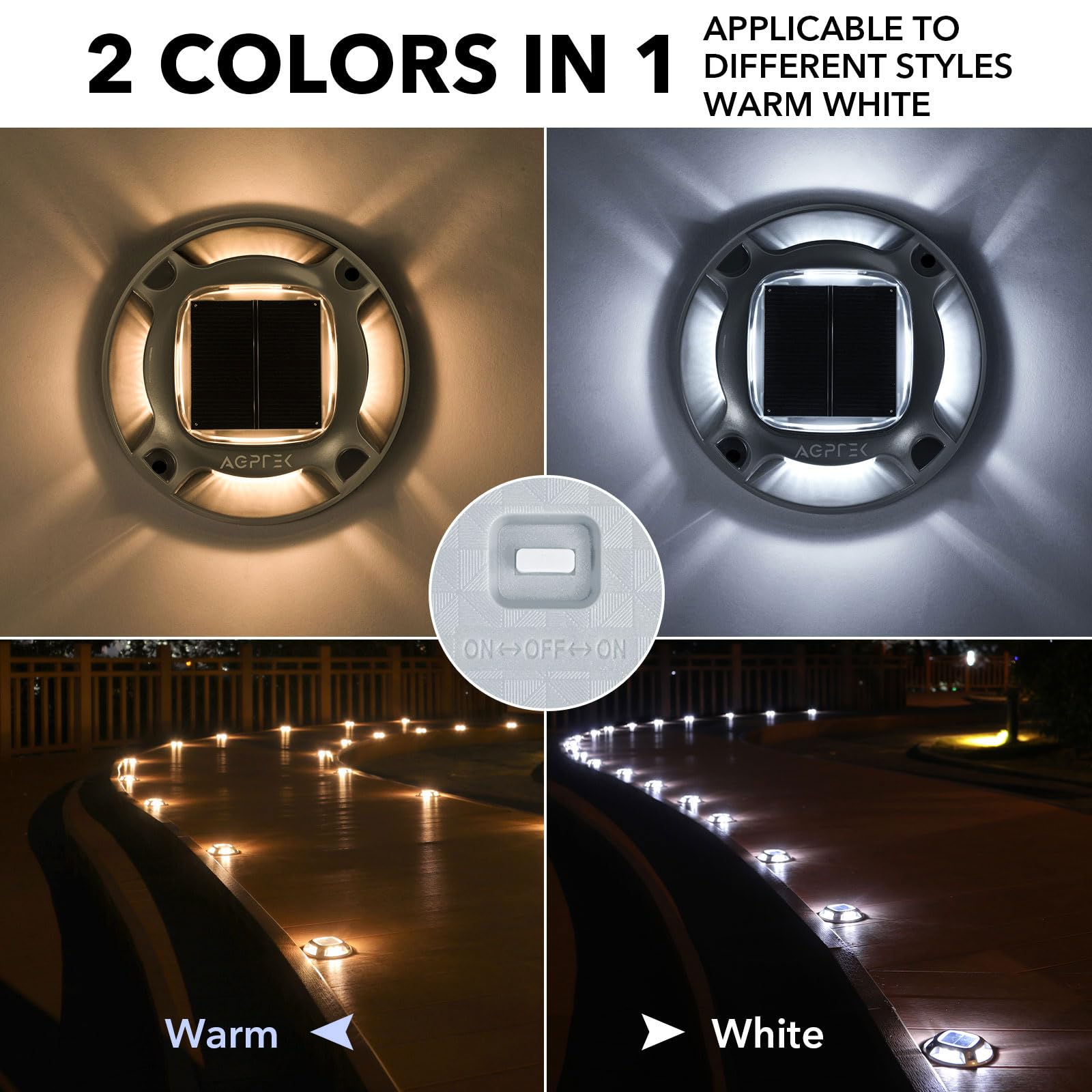 AGPTEK solar driveway light warm white mode for cozy exterior ambiance.