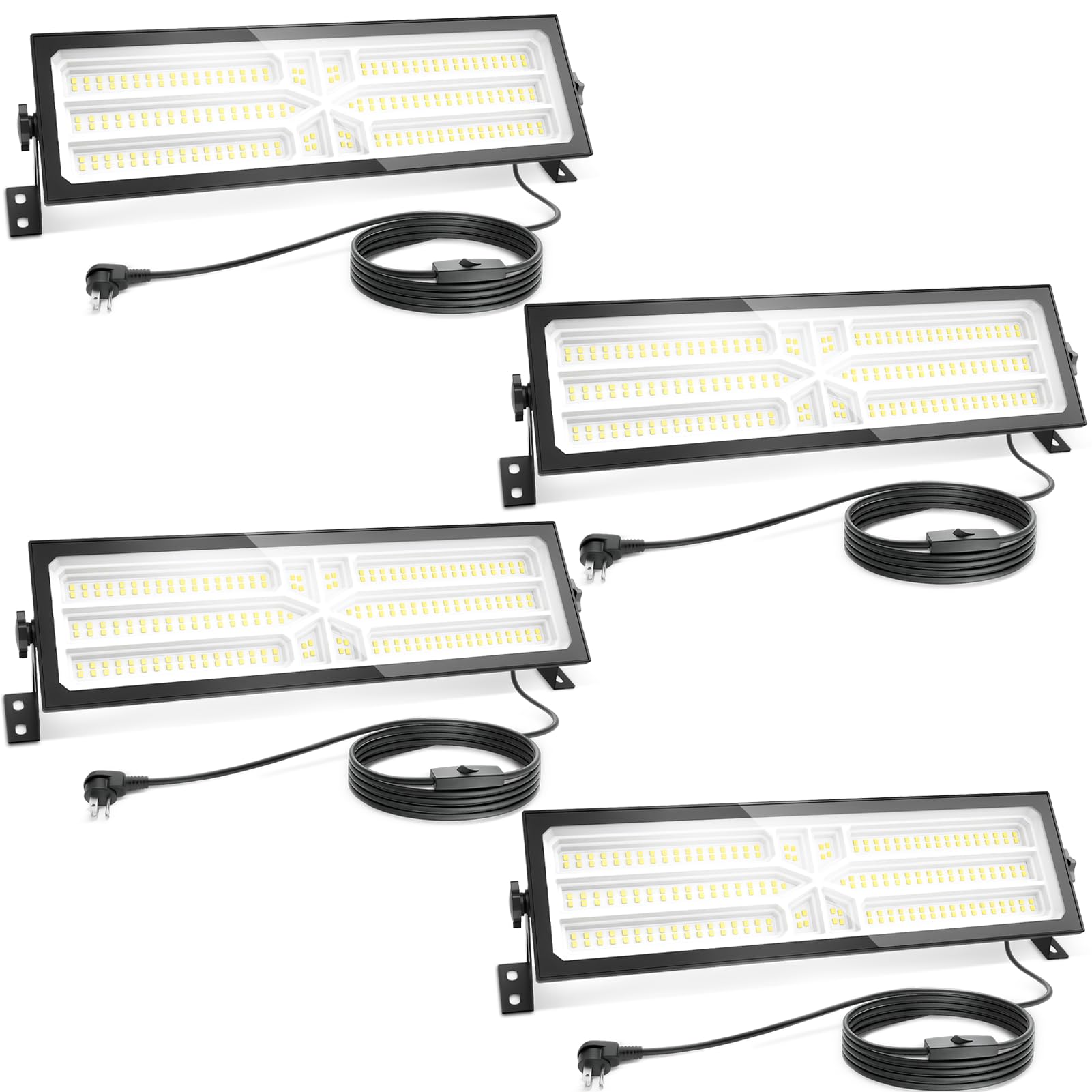 AGranTOP four-pack linkable LED shop light with built-in outlet, bright front view for garages.