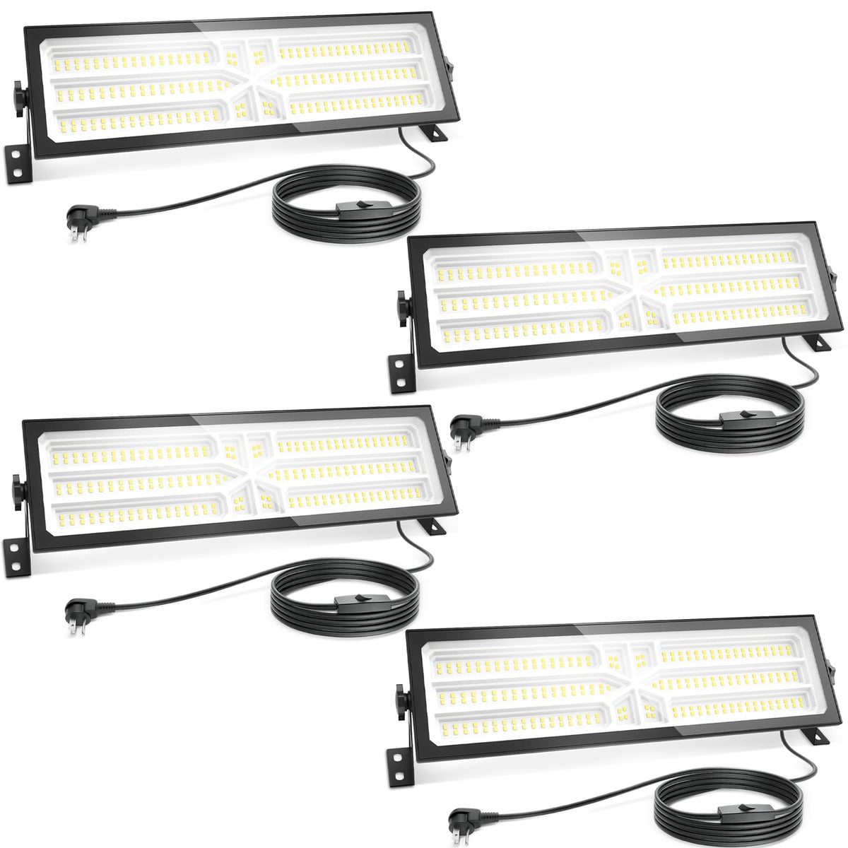 AGranTOP four-pack linkable LED shop light with built-in outlet, bright front view for garages.