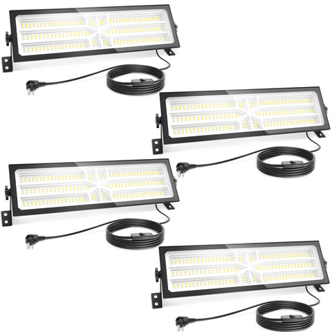 AGranTOP four-pack linkable LED shop light with built-in outlet, bright front view for garages.
