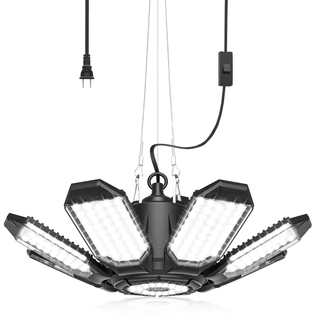 AGranTOP garage light with built-in outlet for convenient power in a workspace.