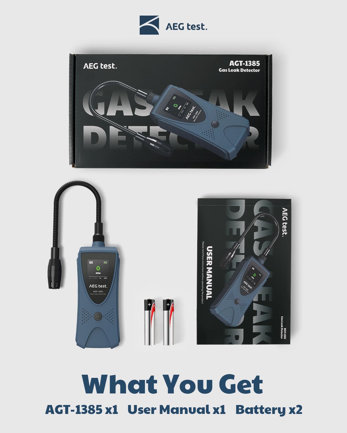 AGT-1385 package includes detector, manual, and two AAA batteries