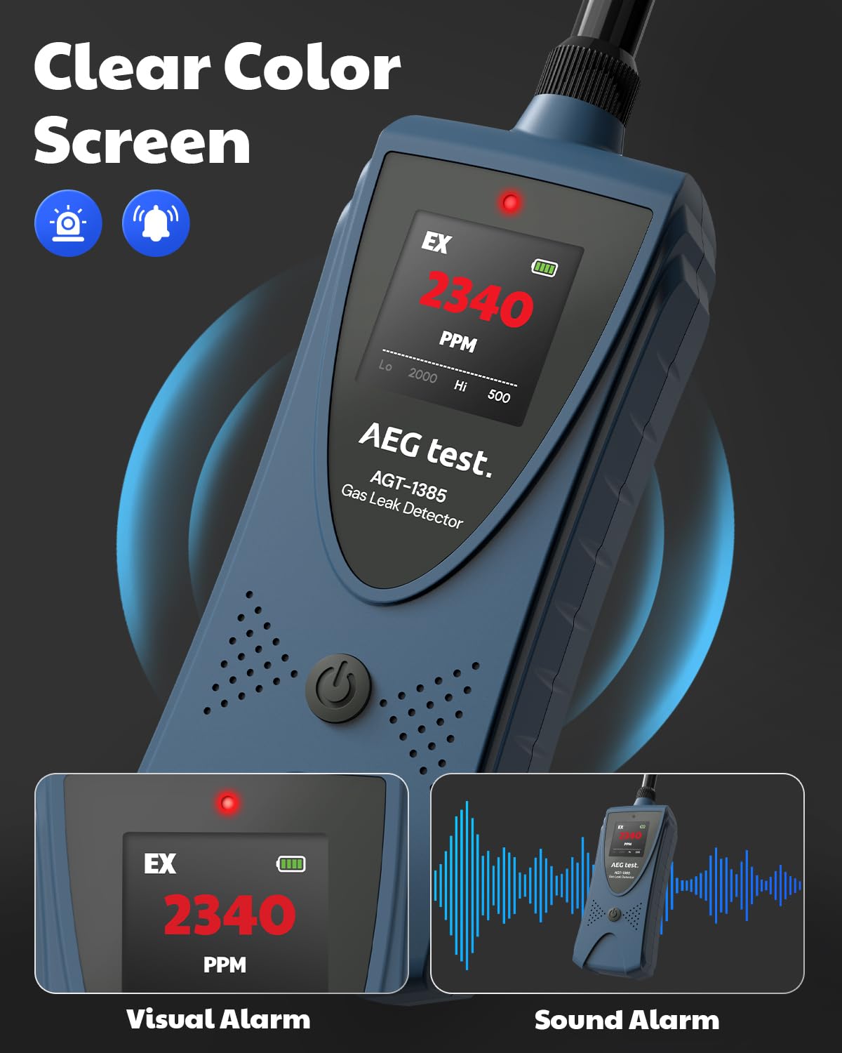 AGT-1385 visual and audible alarms indicate leaks clearly
