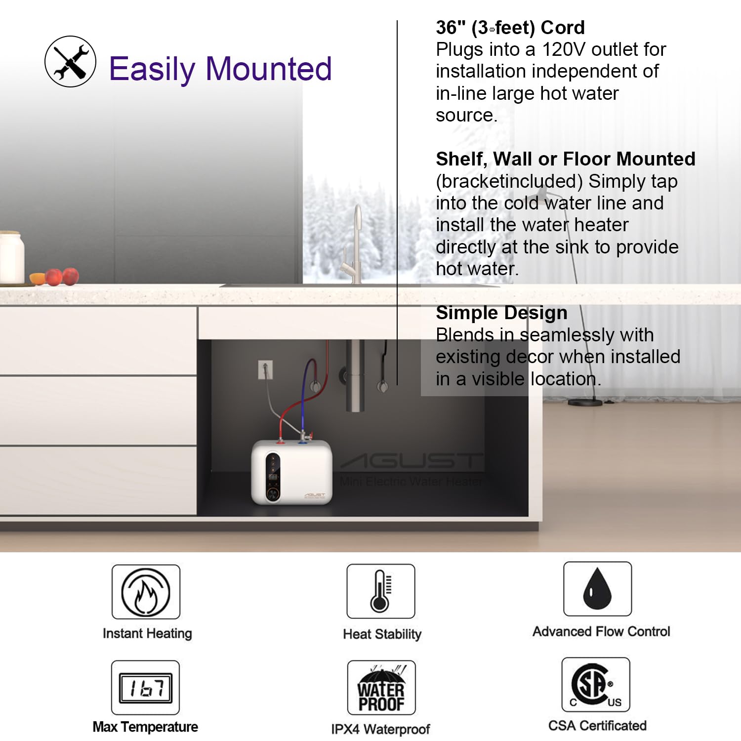 Agust L-shaped 1500W element for faster hot water delivery