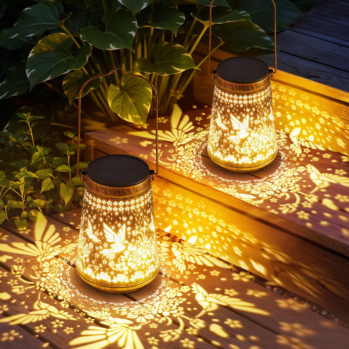 Ahaorigin hummingbird lantern front view adds warm outdoor glow.