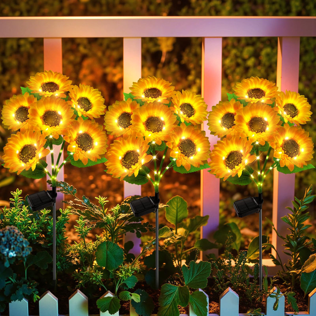 Ahaorigin Solar Sunflower Lights outdoor 3-pack illuminate garden paths with warm glow.