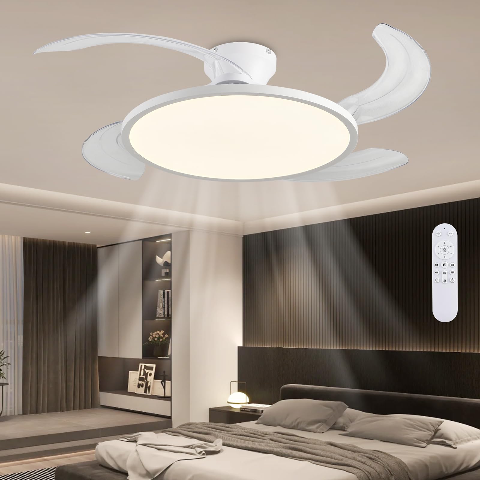 AHAWILL retractable ceiling fan with remote control in a bright living room
