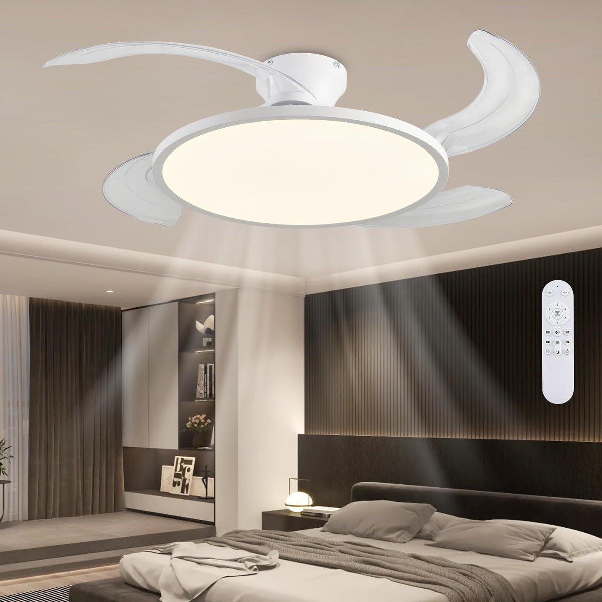 AHAWILL retractable ceiling fan with remote control in a bright living room