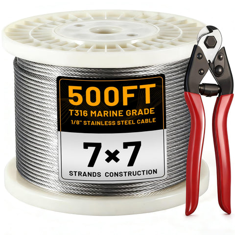 AHEONLAR 500ft stainless steel wire rope coil with marine-grade rust resistance for outdoor railings.