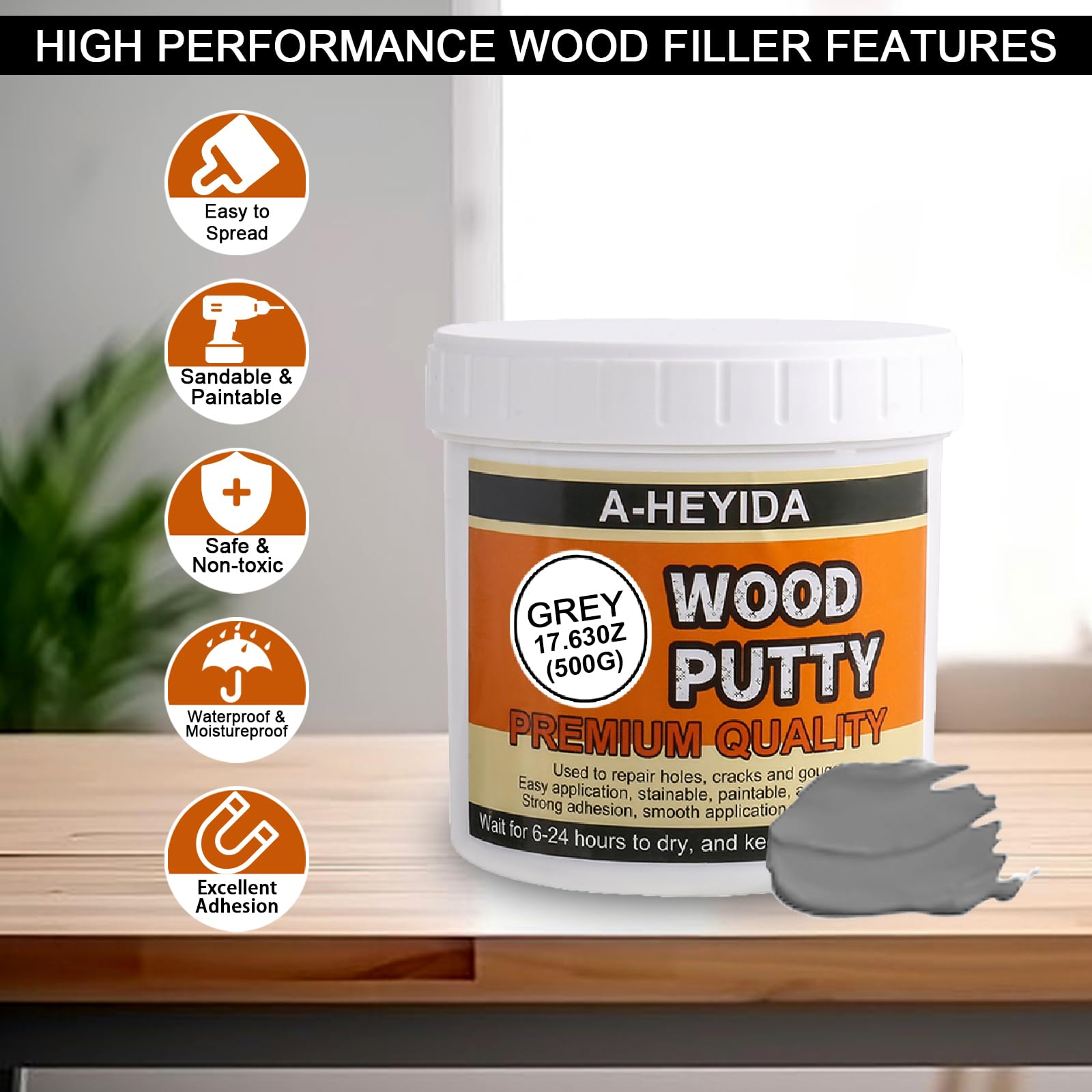 AHEYIDA gray wood putty paste applied to cracks for neat touch ups.