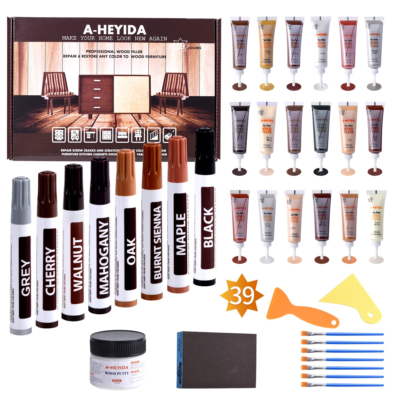 A-HEYIDA wood floor scratch repair kit contents show color options for seamless restoration.